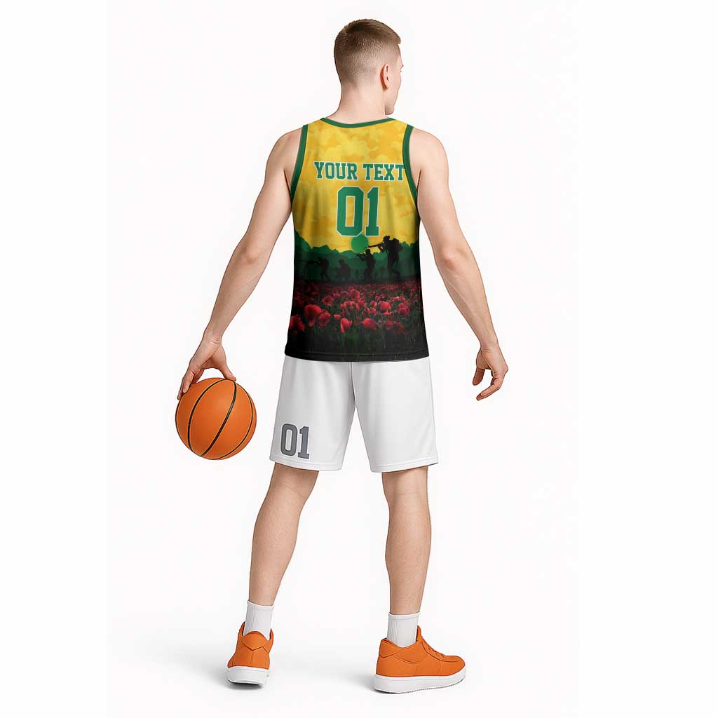 Personalized Australian Jackaroos ANZAC Basketball Jersey Poppy Field Soldiers Silhouette Sunset Commemorative Design