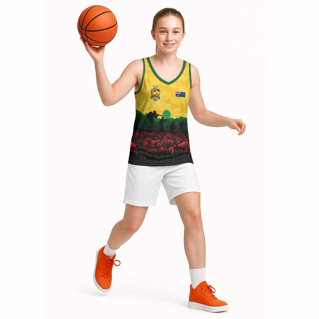 Personalized Australian Jackaroos ANZAC Basketball Jersey Poppy Field Soldiers Silhouette Sunset Commemorative Design