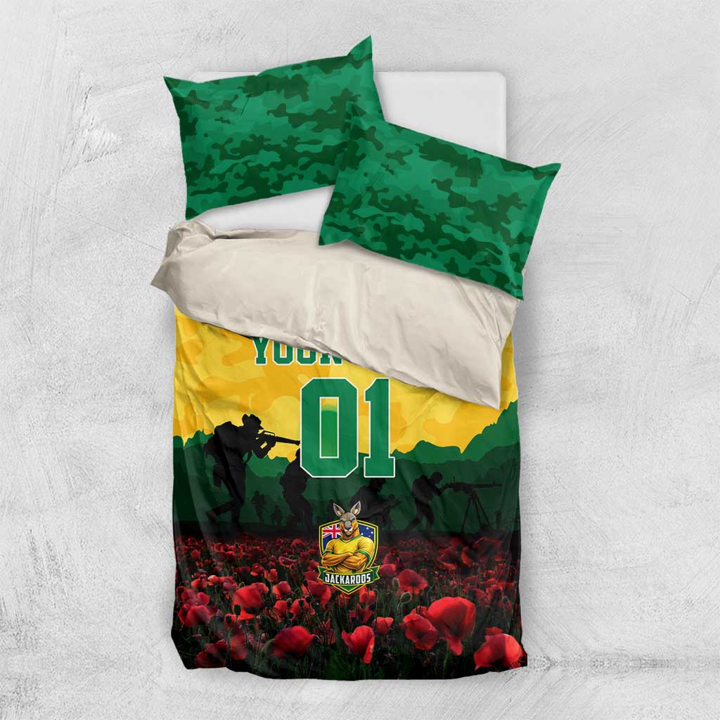 Personalized Australian Jackaroos ANZAC Bedding Set Poppy Field Soldiers Silhouette Sunset Commemorative Design