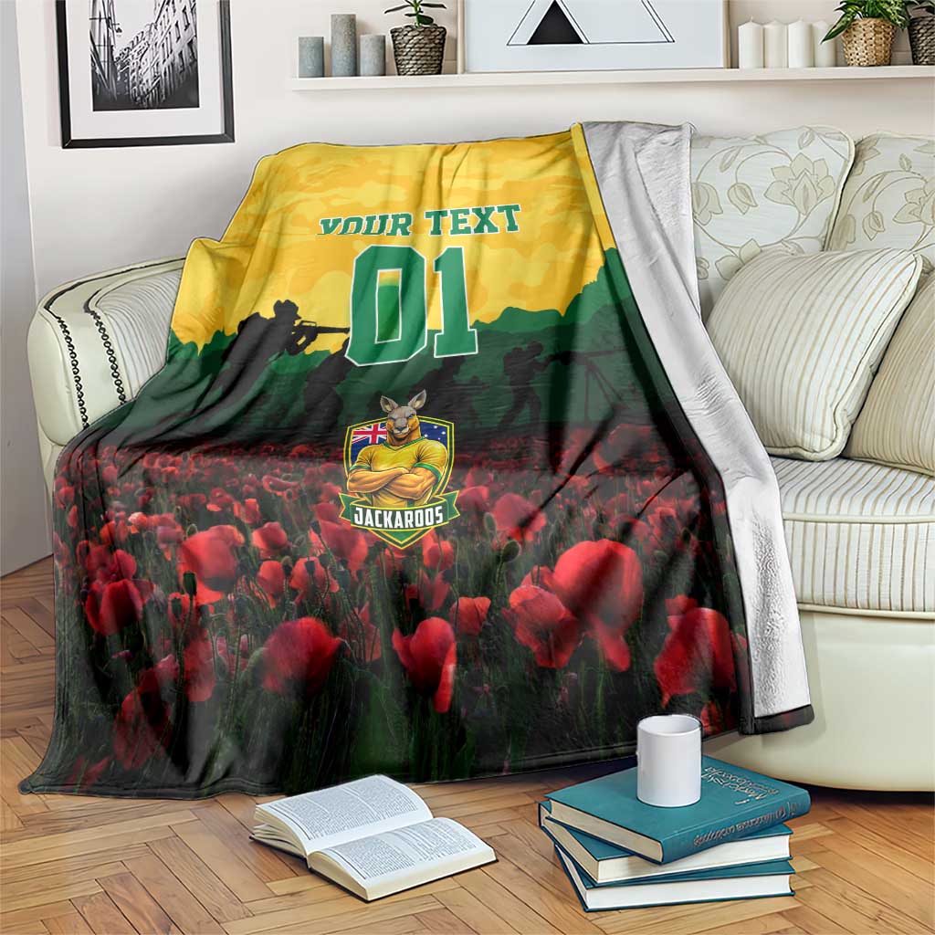 Personalized Australian Jackaroos ANZAC Blanket Poppy Field Soldiers Silhouette Sunset Commemorative Design