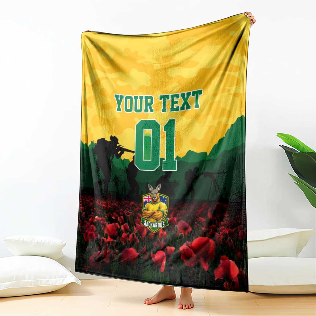 Personalized Australian Jackaroos ANZAC Blanket Poppy Field Soldiers Silhouette Sunset Commemorative Design