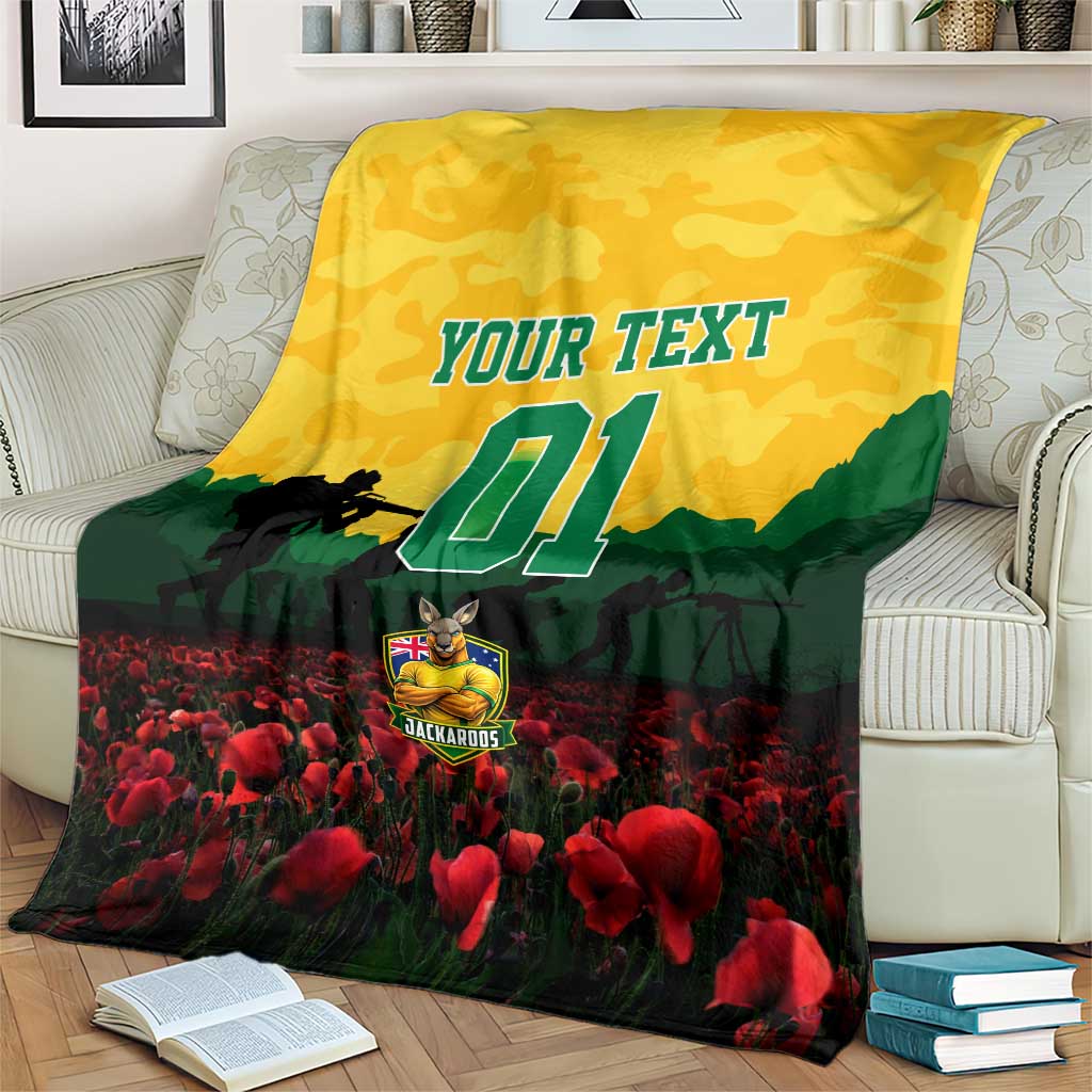 Personalized Australian Jackaroos ANZAC Blanket Poppy Field Soldiers Silhouette Sunset Commemorative Design