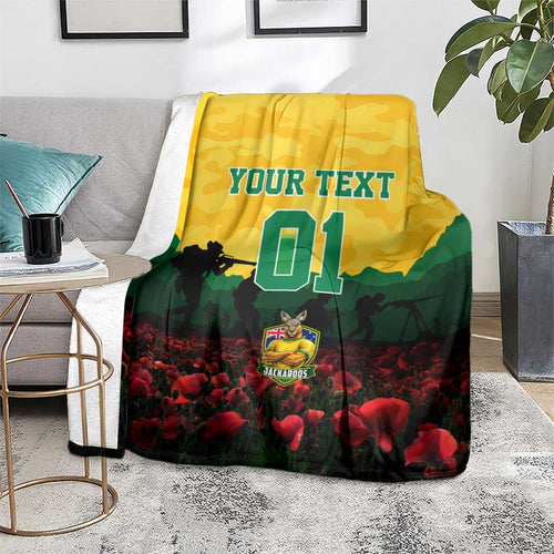 Personalized Australian Jackaroos ANZAC Blanket Poppy Field Soldiers Silhouette Sunset Commemorative Design