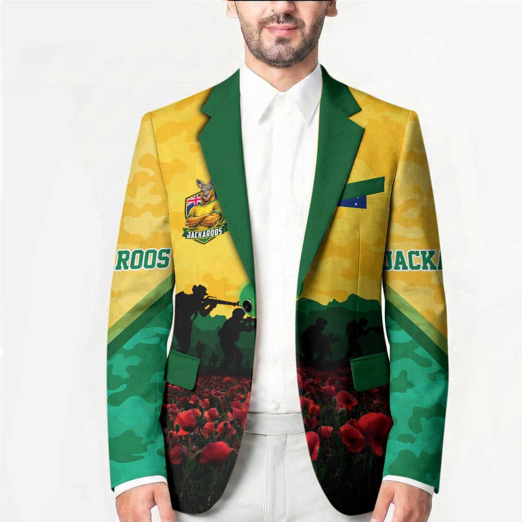 Personalized Australian Jackaroos ANZAC Blazer Poppy Field Soldiers Silhouette Sunset Commemorative Design