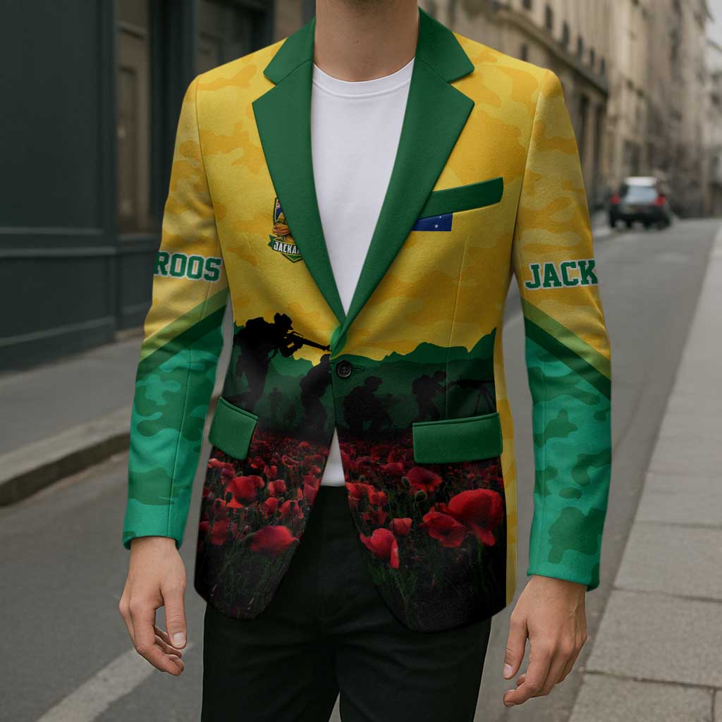 Personalized Australian Jackaroos ANZAC Blazer Poppy Field Soldiers Silhouette Sunset Commemorative Design