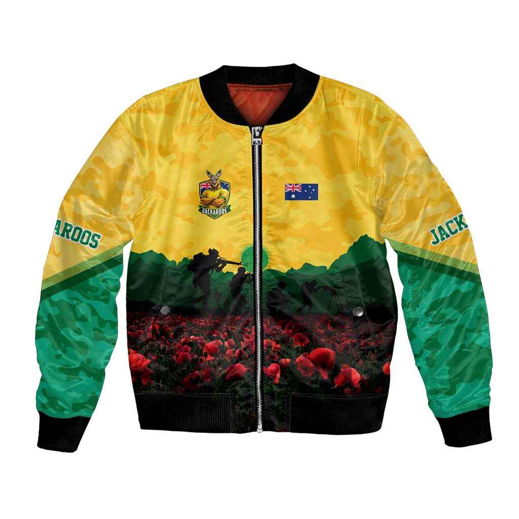 Personalized Australian Jackaroos ANZAC Bomber Jacket Poppy Field Soldiers Silhouette Sunset Commemorative Design
