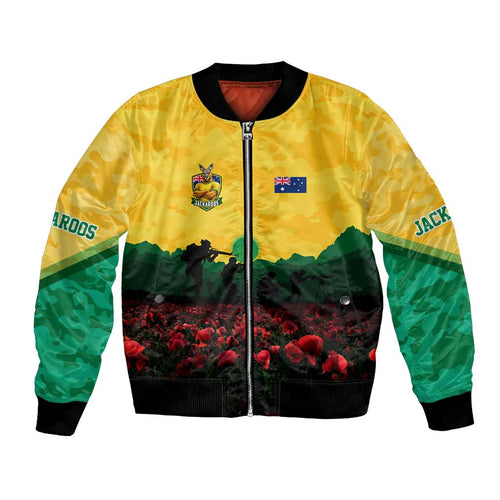 Personalized Australian Jackaroos ANZAC Bomber Jacket Poppy Field Soldiers Silhouette Sunset Commemorative Design