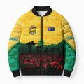 Personalized Australian Jackaroos ANZAC Bomber Puffer Jacket Poppy Field Soldiers Silhouette Sunset Commemorative Design