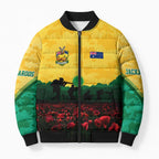 Personalized Australian Jackaroos ANZAC Bomber Puffer Jacket Poppy Field Soldiers Silhouette Sunset Commemorative Design