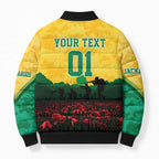 Personalized Australian Jackaroos ANZAC Bomber Puffer Jacket Poppy Field Soldiers Silhouette Sunset Commemorative Design
