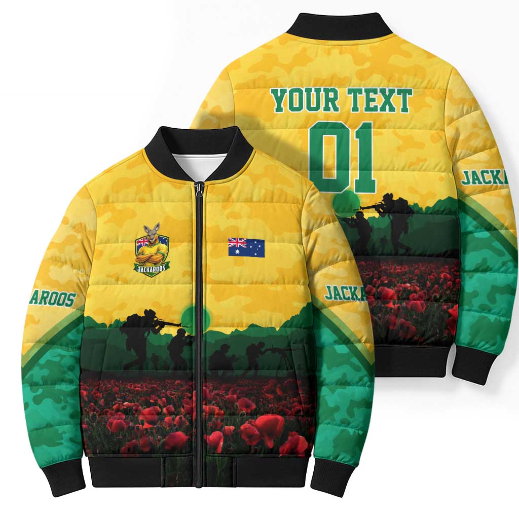 Personalized Australian Jackaroos ANZAC Bomber Puffer Jacket Poppy Field Soldiers Silhouette Sunset Commemorative Design