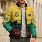 Personalized Australian Jackaroos ANZAC Bomber Puffer Jacket Poppy Field Soldiers Silhouette Sunset Commemorative Design