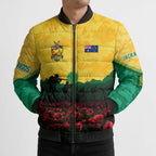 Personalized Australian Jackaroos ANZAC Bomber Puffer Jacket Poppy Field Soldiers Silhouette Sunset Commemorative Design
