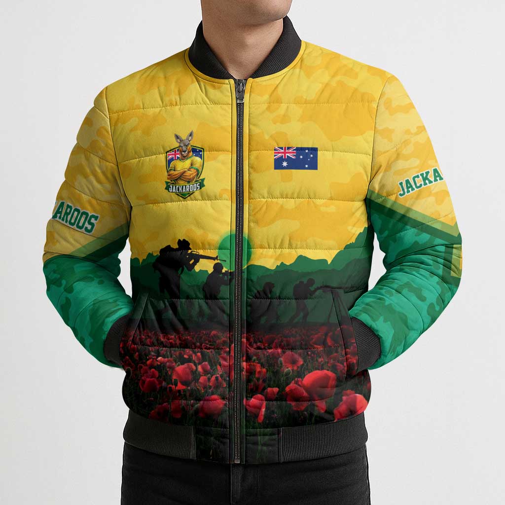 Personalized Australian Jackaroos ANZAC Bomber Puffer Jacket Poppy Field Soldiers Silhouette Sunset Commemorative Design