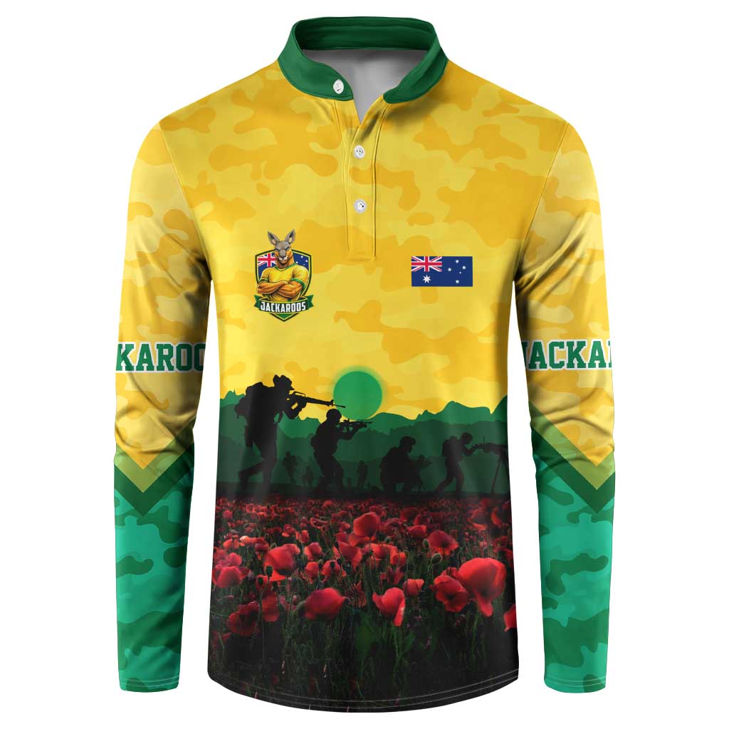 Personalized Australian Jackaroos ANZAC Button Sweatshirt Poppy Field Soldiers Silhouette Sunset Commemorative Design