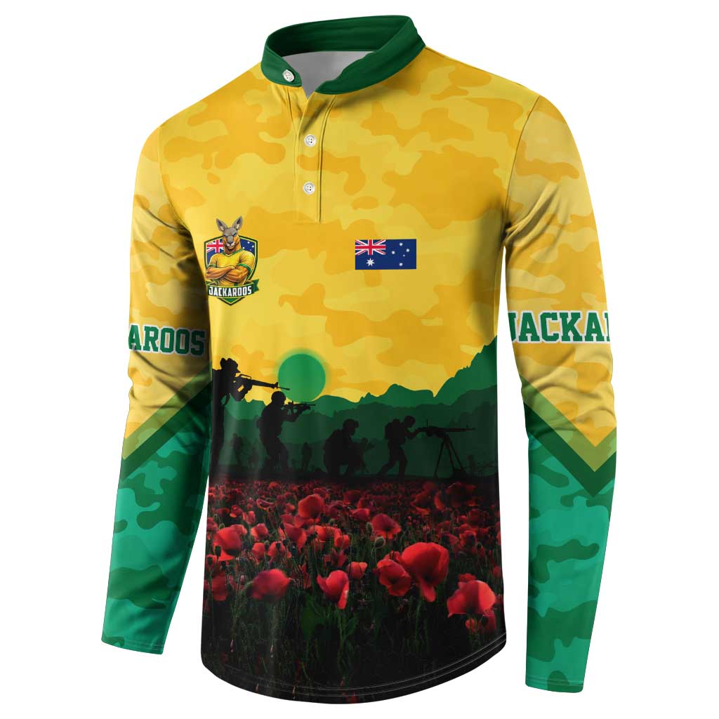 Personalized Australian Jackaroos ANZAC Button Sweatshirt Poppy Field Soldiers Silhouette Sunset Commemorative Design