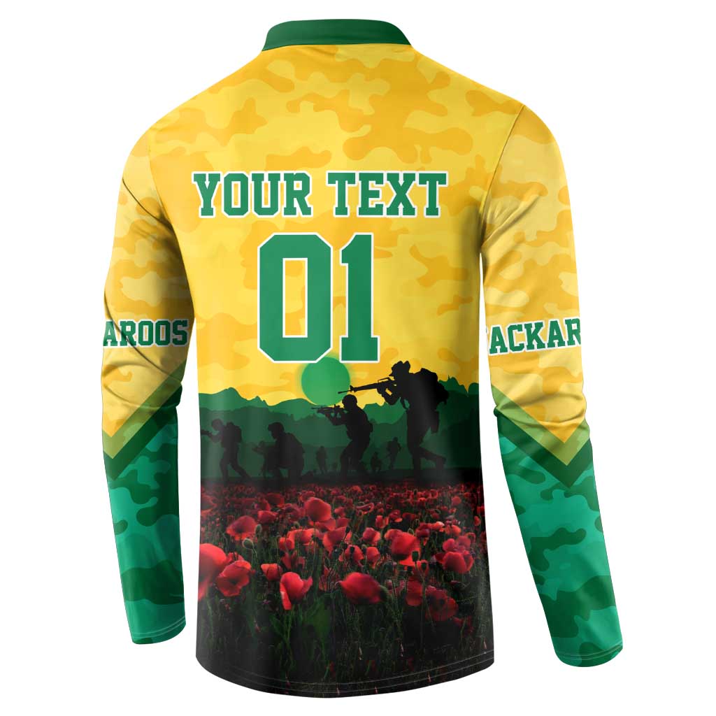Personalized Australian Jackaroos ANZAC Button Sweatshirt Poppy Field Soldiers Silhouette Sunset Commemorative Design