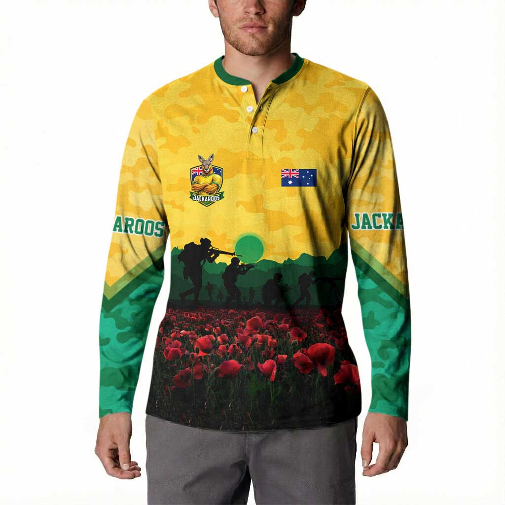 Personalized Australian Jackaroos ANZAC Button Sweatshirt Poppy Field Soldiers Silhouette Sunset Commemorative Design