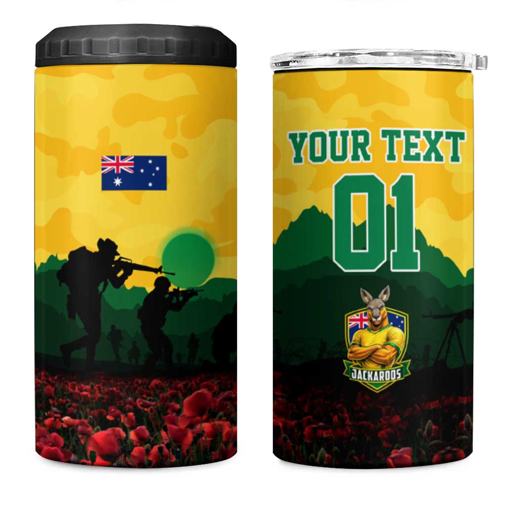 Personalized Australian Jackaroos ANZAC 4 in 1 Can Cooler Tumbler Poppy Field Soldiers Silhouette Sunset Commemorative Design