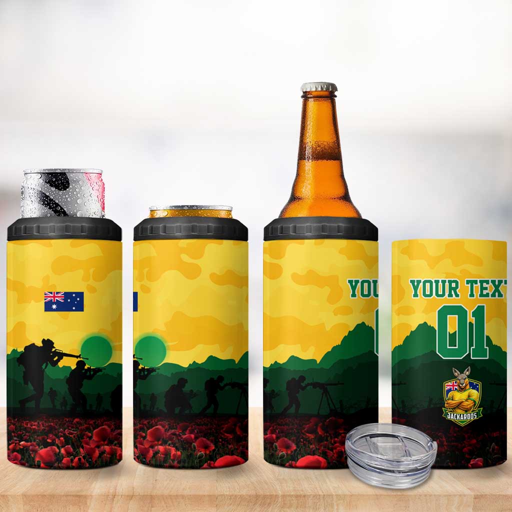 Personalized Australian Jackaroos ANZAC 4 in 1 Can Cooler Tumbler Poppy Field Soldiers Silhouette Sunset Commemorative Design