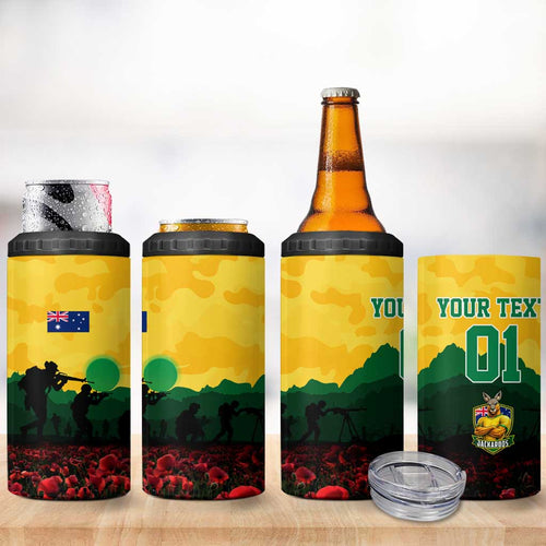 Personalized Australian Jackaroos ANZAC 4 in 1 Can Cooler Tumbler Poppy Field Soldiers Silhouette Sunset Commemorative Design