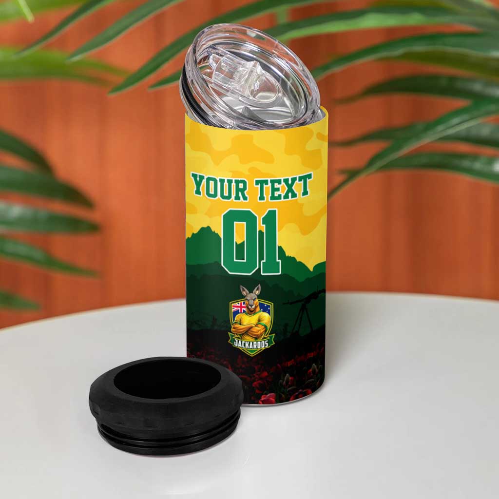 Personalized Australian Jackaroos ANZAC 4 in 1 Can Cooler Tumbler Poppy Field Soldiers Silhouette Sunset Commemorative Design