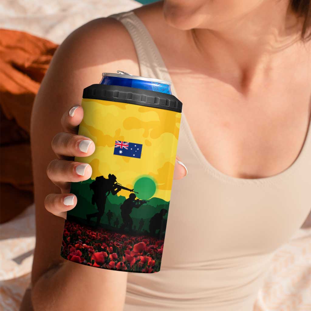 Personalized Australian Jackaroos ANZAC 4 in 1 Can Cooler Tumbler Poppy Field Soldiers Silhouette Sunset Commemorative Design