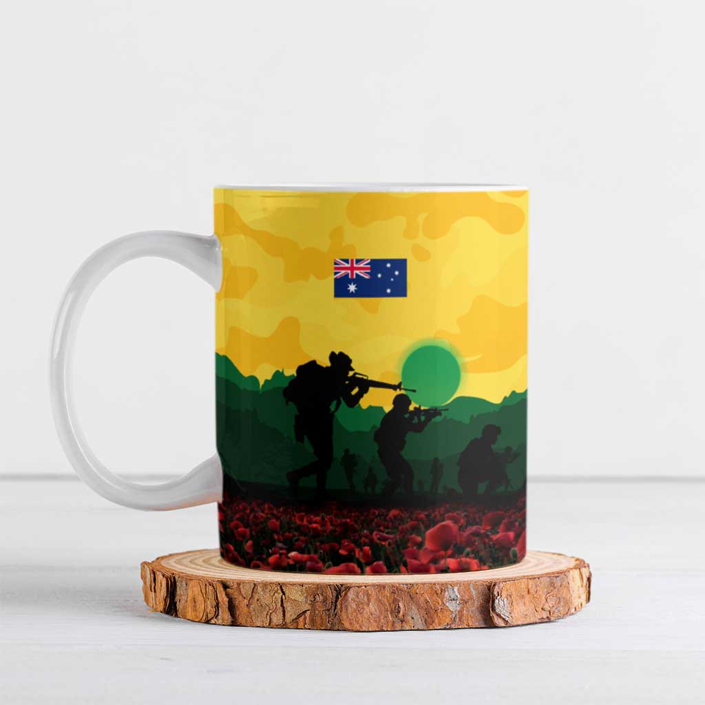 Personalized Australian Jackaroos ANZAC Ceramic Mug Poppy Field Soldiers Silhouette Sunset Commemorative Design