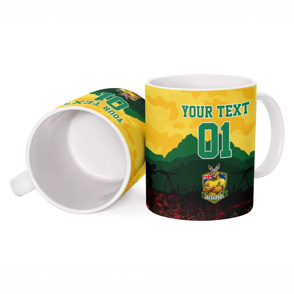 Personalized Australian Jackaroos ANZAC Ceramic Mug Poppy Field Soldiers Silhouette Sunset Commemorative Design