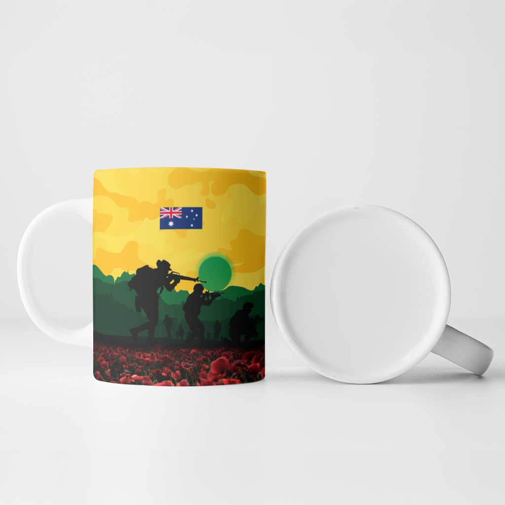Personalized Australian Jackaroos ANZAC Ceramic Mug Poppy Field Soldiers Silhouette Sunset Commemorative Design