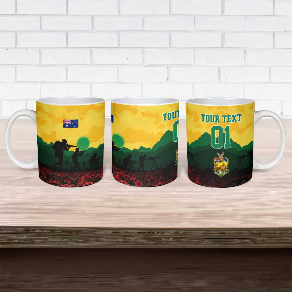 Personalized Australian Jackaroos ANZAC Ceramic Mug Poppy Field Soldiers Silhouette Sunset Commemorative Design