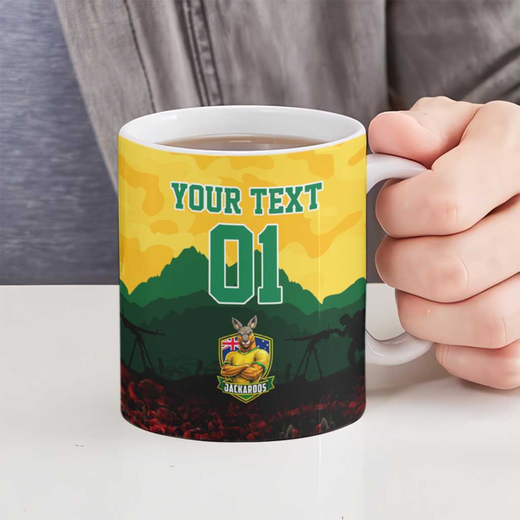 Personalized Australian Jackaroos ANZAC Ceramic Mug Poppy Field Soldiers Silhouette Sunset Commemorative Design
