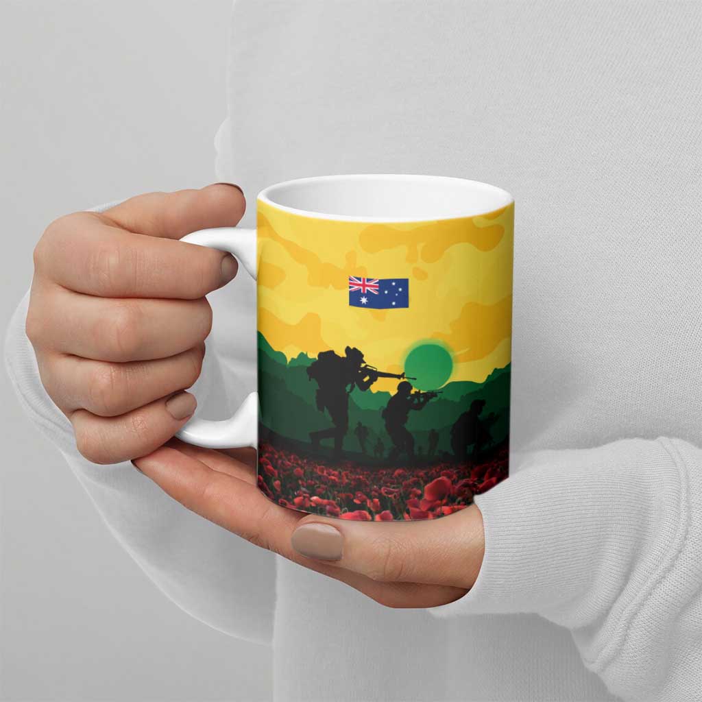 Personalized Australian Jackaroos ANZAC Ceramic Mug Poppy Field Soldiers Silhouette Sunset Commemorative Design