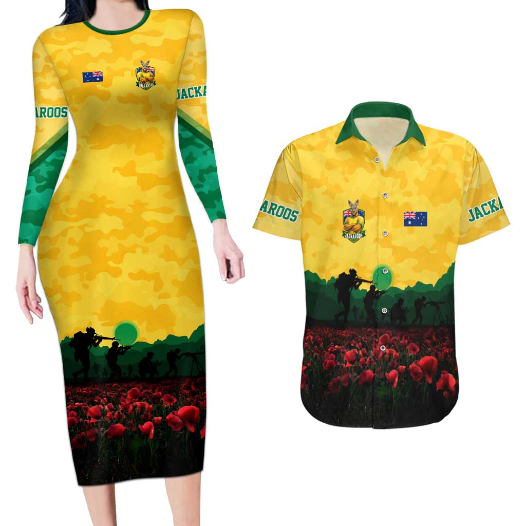 Personalized Australian Jackaroos ANZAC Couples Matching Long Sleeve Bodycon Dress and Hawaiian Shirt Poppy Field Soldiers Silhouette Sunset Commemorative Design