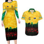 Personalized Australian Jackaroos ANZAC Couples Matching Long Sleeve Bodycon Dress and Hawaiian Shirt Poppy Field Soldiers Silhouette Sunset Commemorative Design