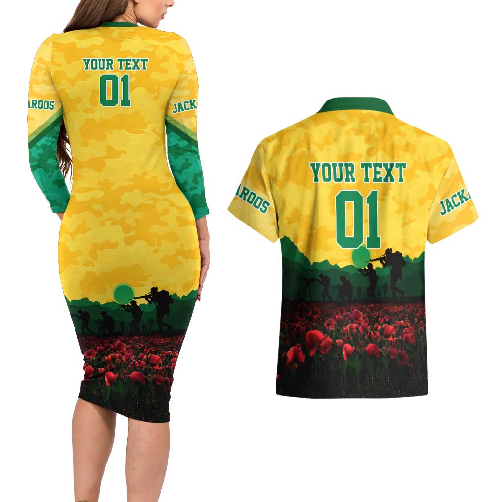Personalized Australian Jackaroos ANZAC Couples Matching Long Sleeve Bodycon Dress and Hawaiian Shirt Poppy Field Soldiers Silhouette Sunset Commemorative Design