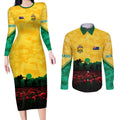 Personalized Australian Jackaroos ANZAC Couples Matching Long Sleeve Bodycon Dress and Long Sleeve Button Shirt Poppy Field Soldiers Silhouette Sunset Commemorative Design