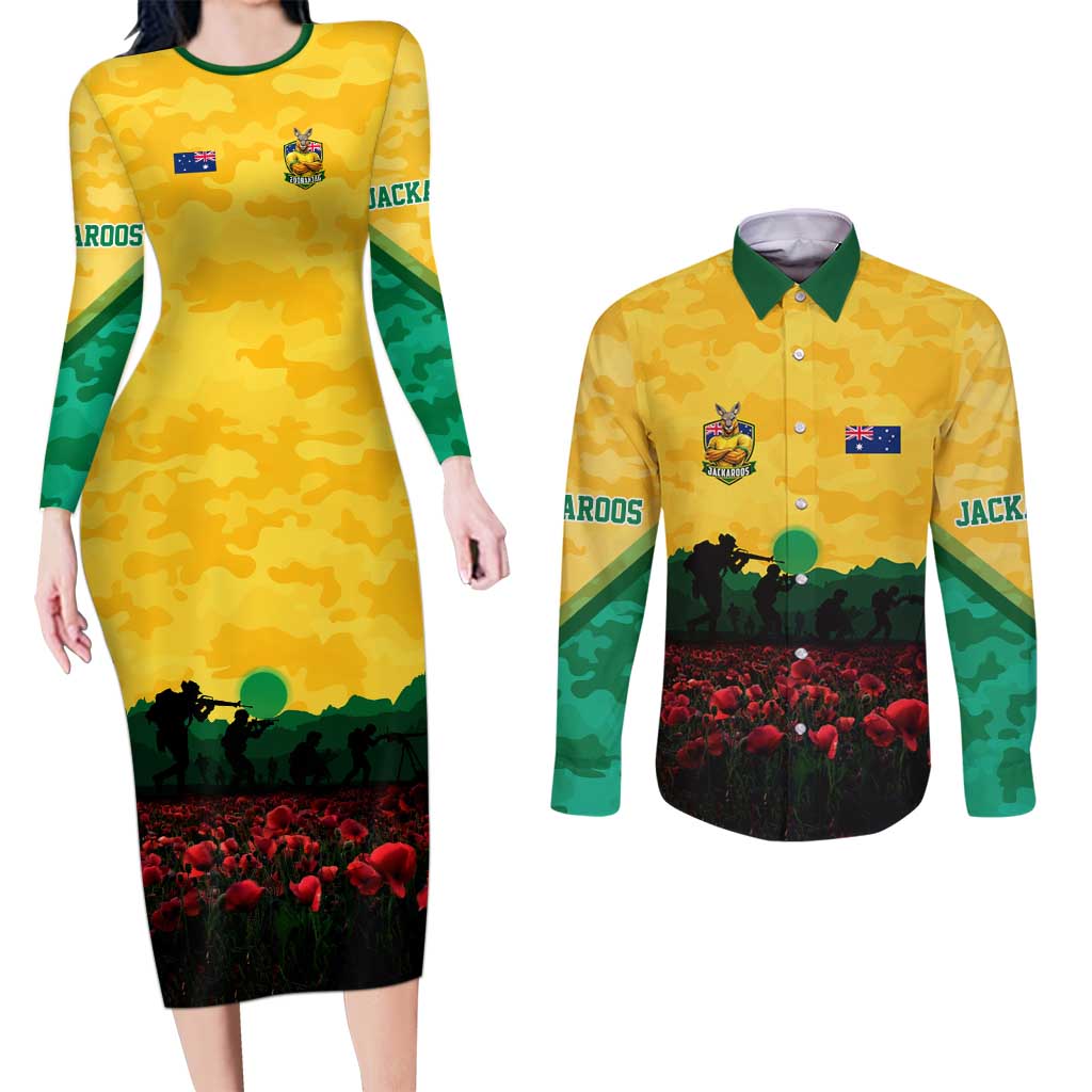 Personalized Australian Jackaroos ANZAC Couples Matching Long Sleeve Bodycon Dress and Long Sleeve Button Shirt Poppy Field Soldiers Silhouette Sunset Commemorative Design
