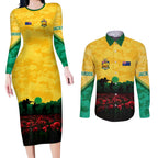 Personalized Australian Jackaroos ANZAC Couples Matching Long Sleeve Bodycon Dress and Long Sleeve Button Shirt Poppy Field Soldiers Silhouette Sunset Commemorative Design