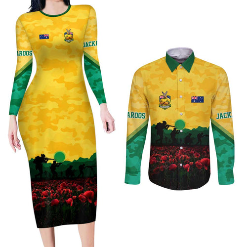 Personalized Australian Jackaroos ANZAC Couples Matching Long Sleeve Bodycon Dress and Long Sleeve Button Shirt Poppy Field Soldiers Silhouette Sunset Commemorative Design
