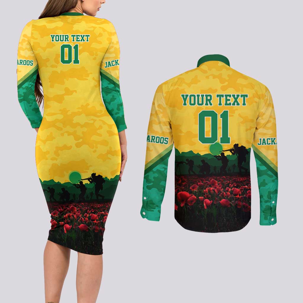 Personalized Australian Jackaroos ANZAC Couples Matching Long Sleeve Bodycon Dress and Long Sleeve Button Shirt Poppy Field Soldiers Silhouette Sunset Commemorative Design