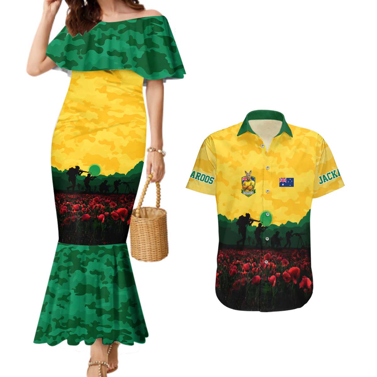 Personalized Australian Jackaroos ANZAC Couples Matching Mermaid Dress and Hawaiian Shirt Poppy Field Soldiers Silhouette Sunset Commemorative Design