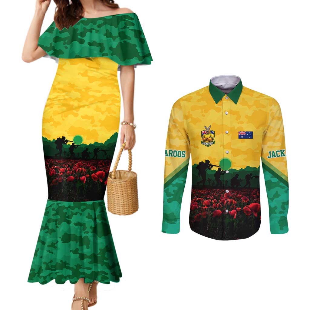 Personalized Australian Jackaroos ANZAC Couples Matching Mermaid Dress and Long Sleeve Button Shirt Poppy Field Soldiers Silhouette Sunset Commemorative Design