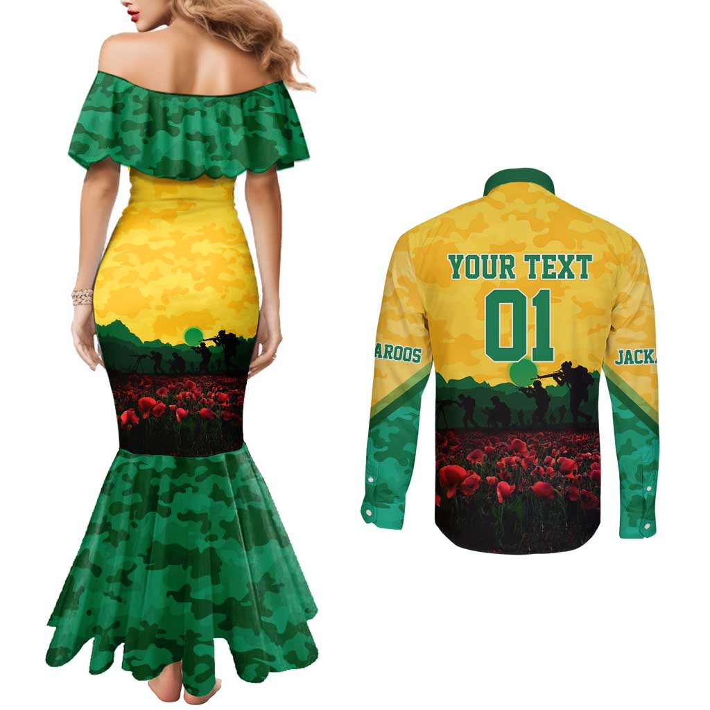 Personalized Australian Jackaroos ANZAC Couples Matching Mermaid Dress and Long Sleeve Button Shirt Poppy Field Soldiers Silhouette Sunset Commemorative Design
