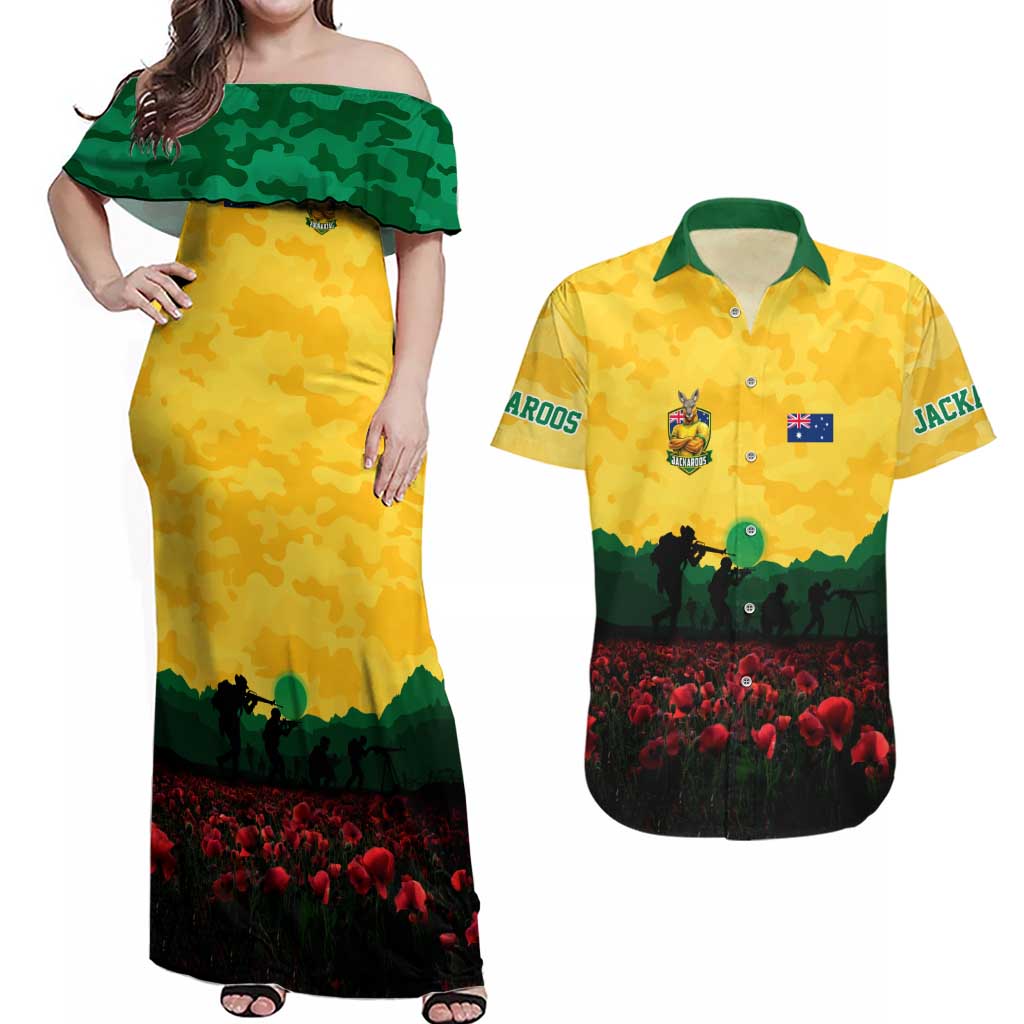 Personalized Australian Jackaroos ANZAC Couples Matching Off Shoulder Maxi Dress and Hawaiian Shirt Poppy Field Soldiers Silhouette Sunset Commemorative Design