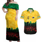 Personalized Australian Jackaroos ANZAC Couples Matching Off Shoulder Maxi Dress and Hawaiian Shirt Poppy Field Soldiers Silhouette Sunset Commemorative Design