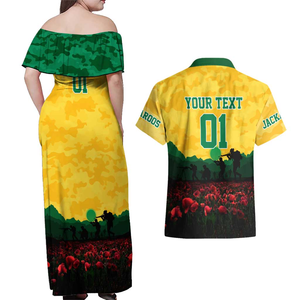 Personalized Australian Jackaroos ANZAC Couples Matching Off Shoulder Maxi Dress and Hawaiian Shirt Poppy Field Soldiers Silhouette Sunset Commemorative Design