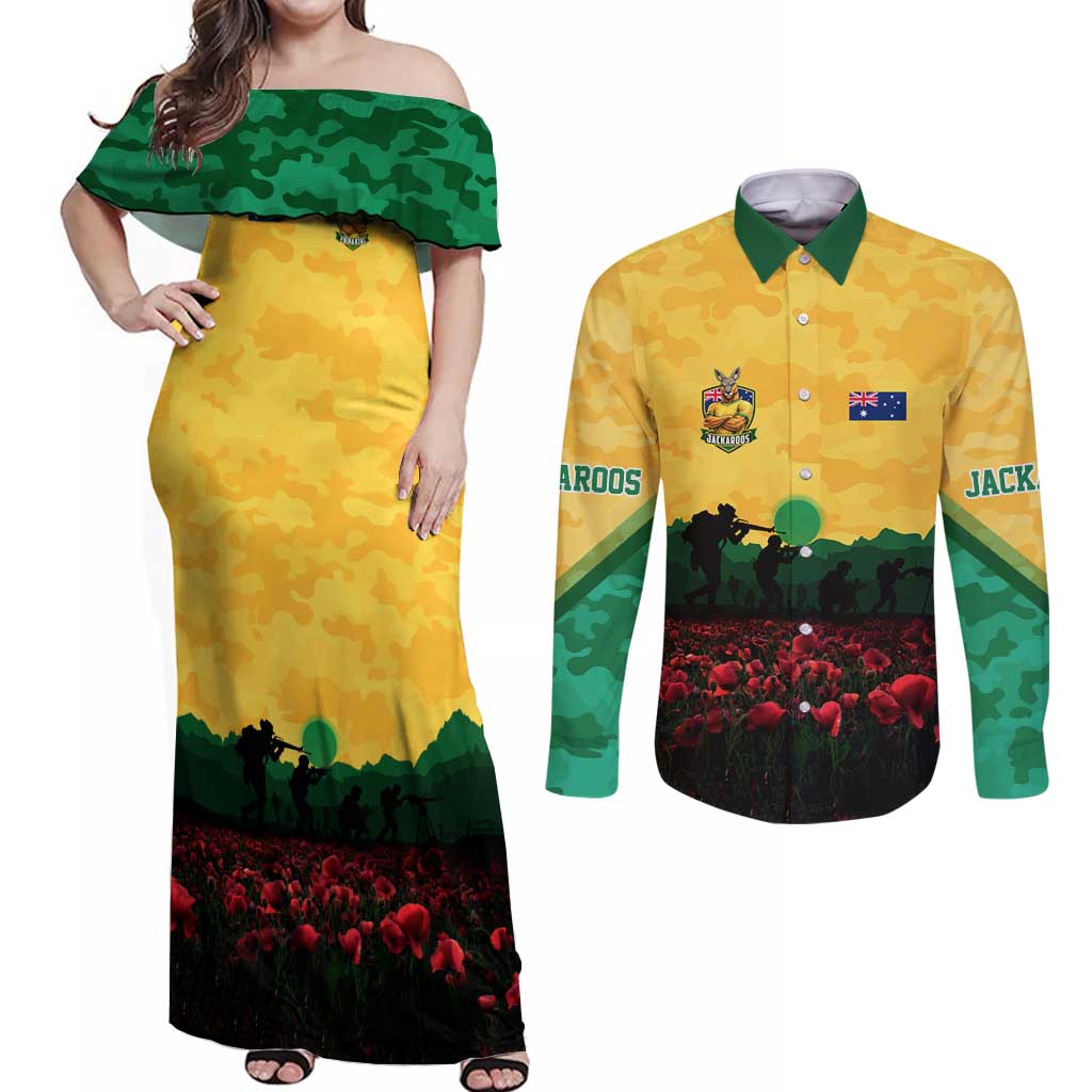 Personalized Australian Jackaroos ANZAC Couples Matching Off Shoulder Maxi Dress and Long Sleeve Button Shirt Poppy Field Soldiers Silhouette Sunset Commemorative Design