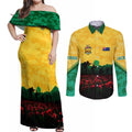 Personalized Australian Jackaroos ANZAC Couples Matching Off Shoulder Maxi Dress and Long Sleeve Button Shirt Poppy Field Soldiers Silhouette Sunset Commemorative Design