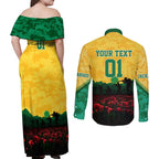 Personalized Australian Jackaroos ANZAC Couples Matching Off Shoulder Maxi Dress and Long Sleeve Button Shirt Poppy Field Soldiers Silhouette Sunset Commemorative Design